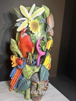 BORUCA MASK Hand Carved Wood Signed Birds And Frogs Read Discription Damage