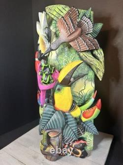 BORUCA MASK Hand Carved Wood Signed Birds And Frogs Read Discription Damage