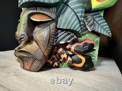BORUCA MASK Hand Carved Wood Signed Birds And Frogs Read Discription Damage