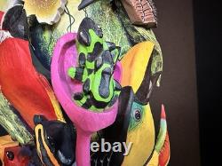 BORUCA MASK Hand Carved Wood Signed Birds And Frogs Read Discription Damage