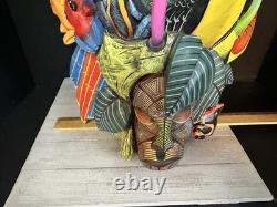 BORUCA MASK Hand Carved Wood Signed Birds And Frogs Read Discription Damage