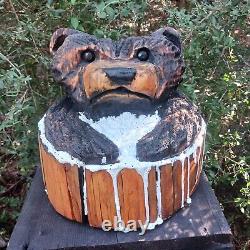 Bear In A Wash Tub Chansaw Carving Fat Bear Cub Funny Cartoon Folk Art Pine
