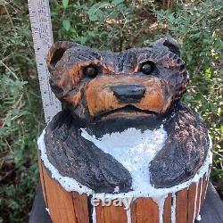 Bear In A Wash Tub Chansaw Carving Fat Bear Cub Funny Cartoon Folk Art Pine