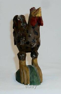 Beautiful 1993 Hand Carved and Painted Wood Folk Art Rooster By Jonathan Bastian