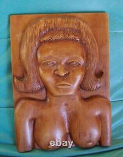 Beautiful FEMALE NUDE primitive decorative folk art carved wood PANEL T. Plummer