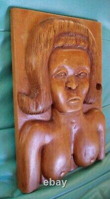 Beautiful FEMALE NUDE primitive decorative folk art carved wood PANEL T. Plummer