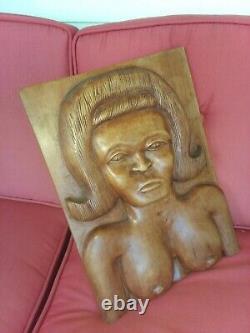 Beautiful FEMALE NUDE primitive decorative folk art carved wood PANEL T. Plummer