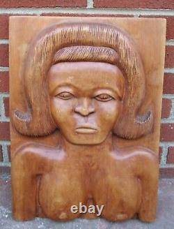 Beautiful FEMALE NUDE primitive decorative folk art carved wood PANEL T. Plummer