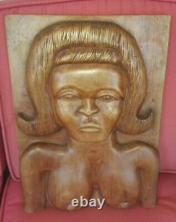 Beautiful FEMALE NUDE primitive decorative folk art carved wood PANEL T. Plummer