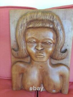 Beautiful FEMALE NUDE primitive decorative folk art carved wood PANEL T. Plummer