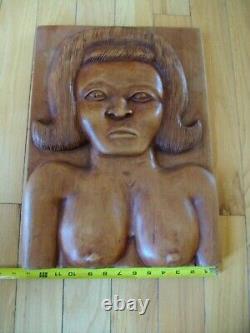 Beautiful FEMALE NUDE primitive decorative folk art carved wood PANEL T. Plummer