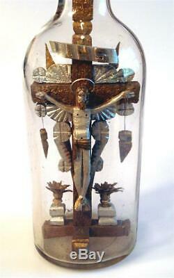 Beautiful Jesus with Halo on the Cross in a Bottle, Folk Art, Whimsy, Whimsey