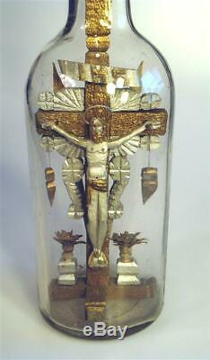 Beautiful Jesus with Halo on the Cross in a Bottle, Folk Art, Whimsy, Whimsey