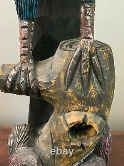 Beautiful Wood Carved Perched Peacock Statue Sculpture Squirrel