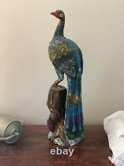 Beautiful Wood Carved Perched Peacock Statue Sculpture Squirrel