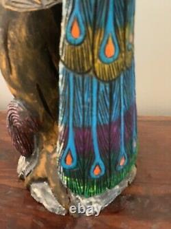 Beautiful Wood Carved Perched Peacock Statue Sculpture Squirrel