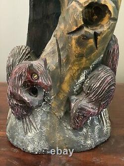 Beautiful Wood Carved Perched Peacock Statue Sculpture Squirrel