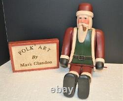Big Hand Carved Wood Jointed Santa withPipe by Famed Folk Artist Mark Glandon 17