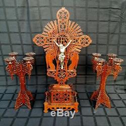 Big Set Antique Tramp Carved Wood Folk Art Crucifix Angels Jesus Candle Holder