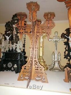 Big Set Antique Tramp Carved Wood Folk Art Crucifix Angels Jesus Candle Holder