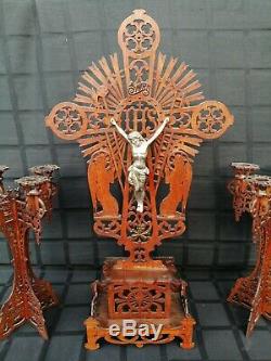 Big Set Antique Tramp Carved Wood Folk Art Crucifix Angels Jesus Candle Holder