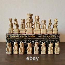Big soviet chess set 50s Folk art Wooden vintage USSR russia antique carved