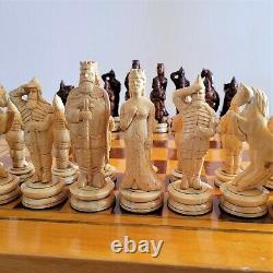 Big soviet folk art hand carved chess set Wooden russia vintage USSR antique