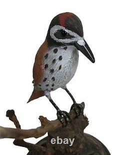 Bird on Perch Hand Carved Painted Wood Folk Art Glass Eyes Red Feathers