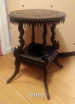 Bizarre Antique Tramp Art Lamp Table Folk Art hand carved gothic OOAK 1900 round