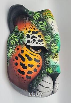 Boruca mask Jaguar camouflaged with jungle scene, Handmade in Costa Rica