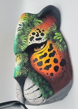 Boruca mask Jaguar camouflaged with jungle scene, Handmade in Costa Rica