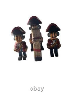 British Red Coat Revolutionary Soldier Horse Hand Carved Wooden Folk Art 3 Piece