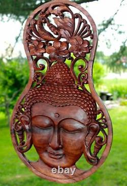Buddha Wall Panel Plaque Hand carved Wood Sculpture Balinese art Boho Decor