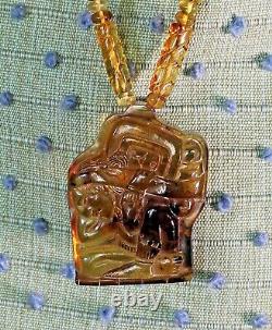 Burden of Time Golden Amber Hand Carved Mayan Necklace Chiapas Mexican Folk Art