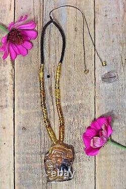 Burden of Time Golden Amber Hand Carved Mayan Necklace Chiapas Mexican Folk Art