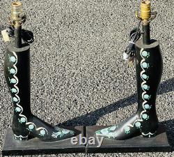 C1950's American Folk Art Carved And Painted Nudie Cowboy Boot Style Lamps