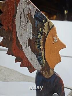 CARVED FOLK ART INDIAN IN CANOE WHIRLIGIG W Stand 22x17 Vtg Original Paint