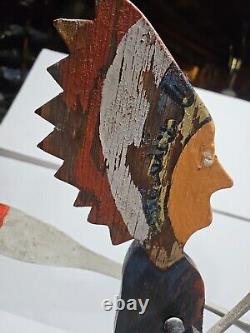 CARVED FOLK ART INDIAN IN CANOE WHIRLIGIG W Stand 22x17 Vtg Original Paint