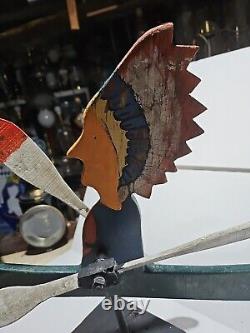 CARVED FOLK ART INDIAN IN CANOE WHIRLIGIG W Stand 22x17 Vtg Original Paint