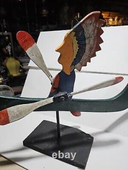 CARVED FOLK ART INDIAN IN CANOE WHIRLIGIG W Stand 22x17 Vtg Original Paint