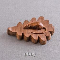 CARVED OAK Country MOUSE on AUTUMN OAKLEAF Wood/Wooden FOLK ART Love/Luck PAGAN