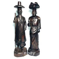CARVED WOODEN KOREAN MAN WOMAN FIGURINE Asian Folk Art Statue Traditional Craft