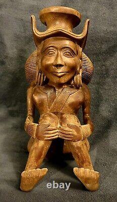 C-1900s French Brittany Carved Wood Folk Art Sculpture Breton Figure 14.5x7