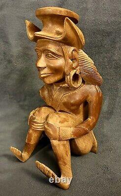 C-1900s French Brittany Carved Wood Folk Art Sculpture Breton Figure 14.5x7