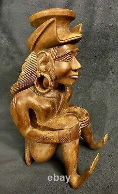 C-1900s French Brittany Carved Wood Folk Art Sculpture Breton Figure 14.5x7