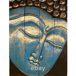 Calm Blue Buddha Panel wall art sculpture Folding Screen hand Carved Wood Bali