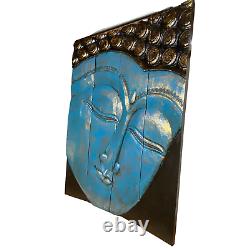 Calm Blue Buddha Panel wall art sculpture Folding Screen hand Carved Wood Bali