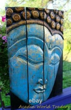 Calm Blue Buddha Panel wall art sculpture Folding Screen hand Carved Wood Bali