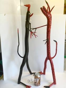 Calvin Cooper folk Art Devil Goblin Red Black signed Polk-a-dots tall