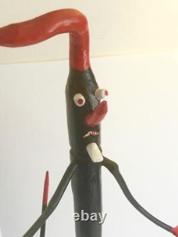 Calvin Cooper folk Art Devil Goblin Red Black signed Polk-a-dots tall